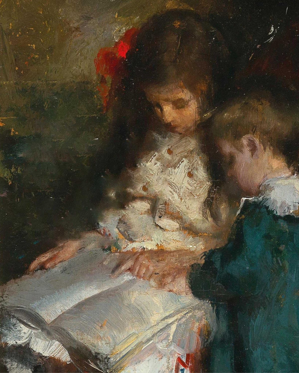 Pintura clásica de dos niños leyendo un libro